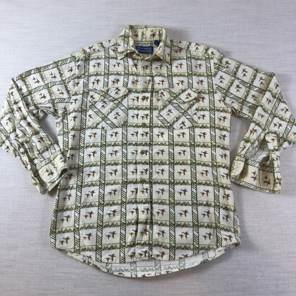 Norman Rockwell by Haband Mens Small Duck Print Button Up Shirt Cream Green